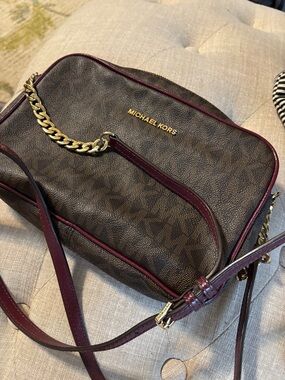 Michael Kors Brown Logo Crossbody with Wine Trim and Gold Hardware